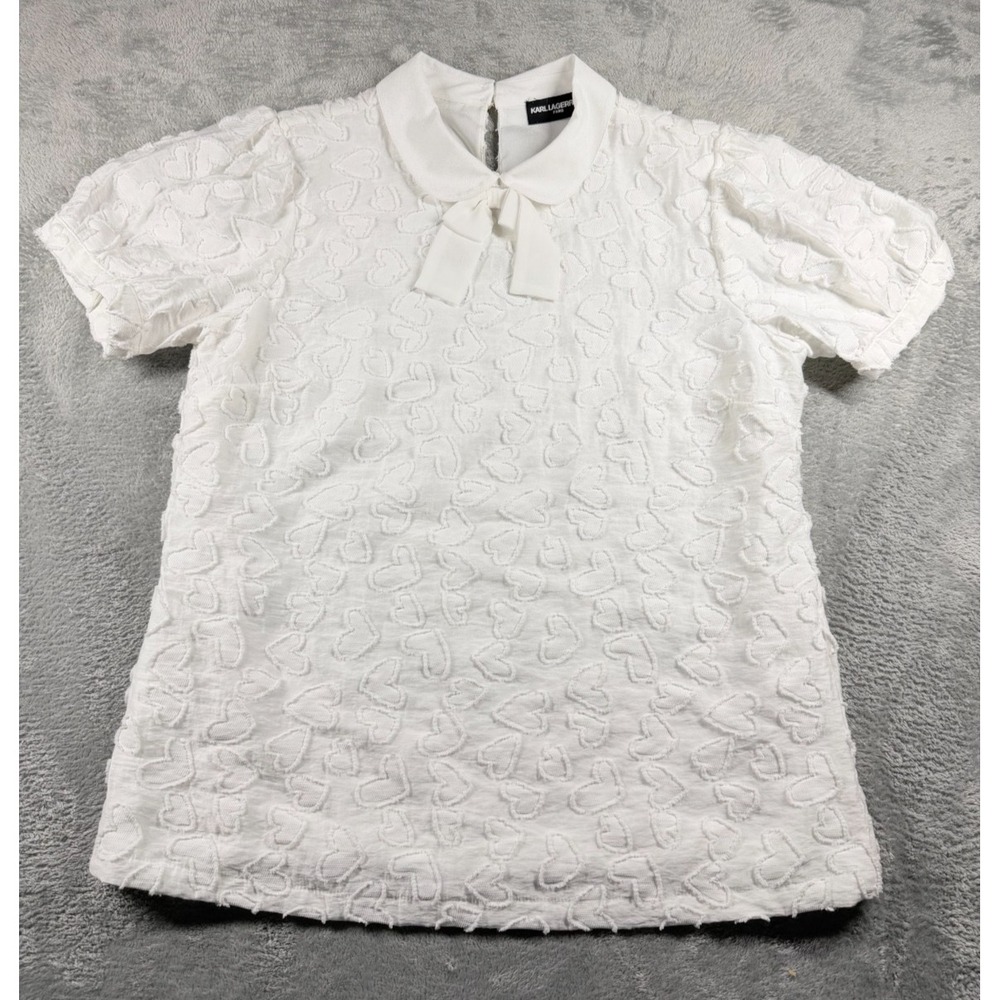 Karl Lagerfeld Paris Womens M White Heart Jacquard Bow Tie Blouse Shirt